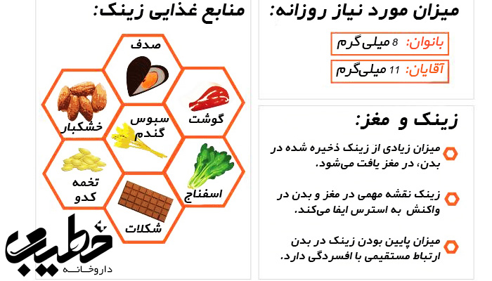 نموداری از منابع غذایی زینک به شکل لانه زنبوری، همراه با اطلاعاتی درباره میزان نیاز روزانه و تأثیر آن بر مغز،